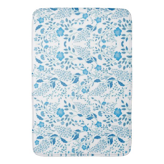 Blauw Wit Bloemen Borduurstijl Patroon Badmat (Voorkant Verticaal)