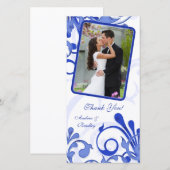 Blauw & Wit Bloemen Bruiloft Dank Je Foto Kaart (Voorkant / Achterkant)