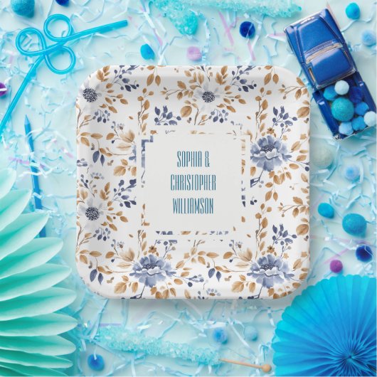 Blauw Wit Bloemen Bruiloft Papieren Bordje (Feest)