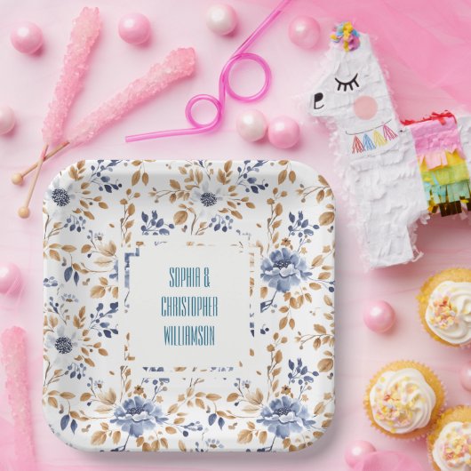 Blauw Wit Bloemen Bruiloft Papieren Bordje (Feest)