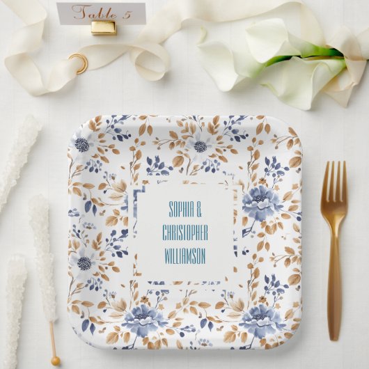 Blauw Wit Bloemen Bruiloft Papieren Bordje (Huwelijk)