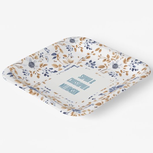 Blauw Wit Bloemen Bruiloft Papieren Bordje (Gebogen)