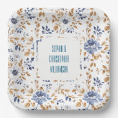 Blauw Wit Bloemen Bruiloft Papieren Bordje (Voorkant)