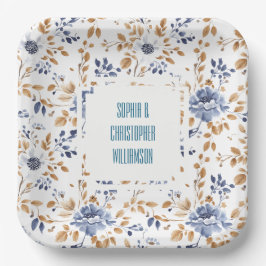 Blauw Wit Bloemen Bruiloft Papieren Bordje