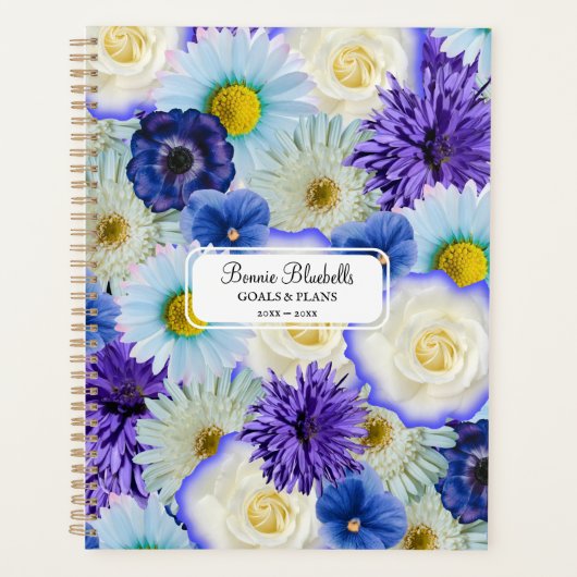 Blauw & Wit Bloemen Collage Big Bold Gepersonalise Planner (Voorkant)
