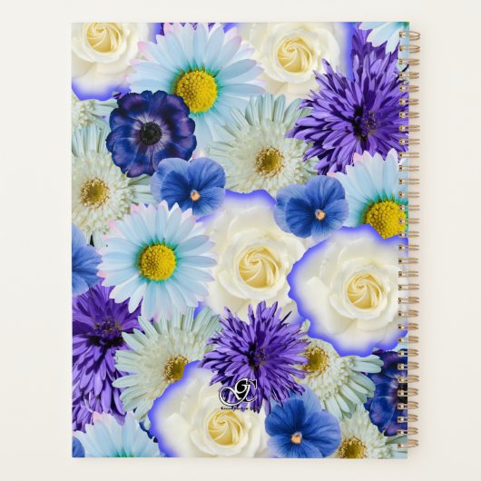Blauw & Wit Bloemen Collage Big Bold Gepersonalise Planner (Achterkant)