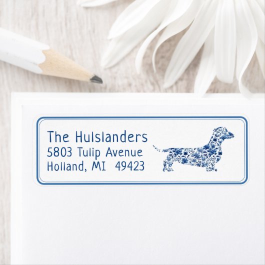 Blauw Wit Bloemen Dachshund Retouradres Label (Insitu)