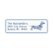 Blauw Wit Bloemen Dachshund Retouradres Label (Voorkant)