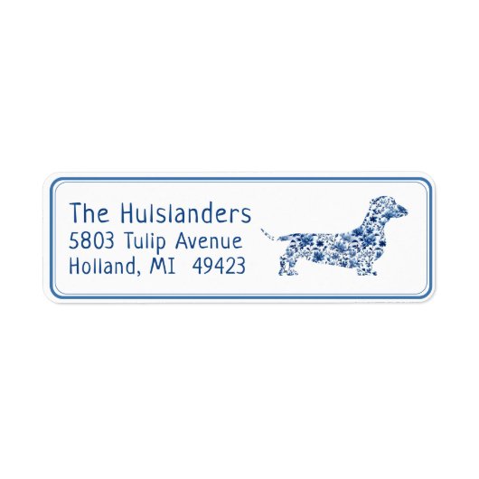 Blauw Wit Bloemen Dachshund Retouradres Label (Voorkant)