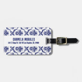 Blauw & Wit Bloemen Damast Bagagelabel (Voorkant horizontaal)