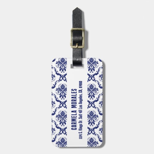 Blauw & Wit Bloemen Damast Bagagelabel (Voorkant verticaal)