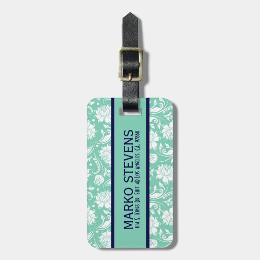 Blauw & Wit Bloemen Damast Blauwgroen Accenten Bagagelabel (Voorkant verticaal)