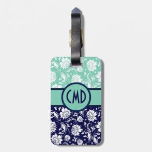 Blauw & Wit Bloemen Damast Blauwgroen Accenten Bagagelabel