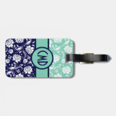 Blauw & Wit Bloemen Damast Blauwgroen Accenten Bagagelabel (Achterkant horizontaal)