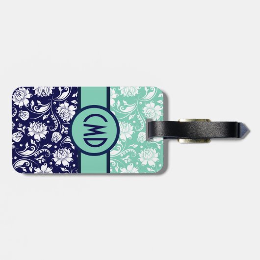 Blauw & Wit Bloemen Damast Blauwgroen Accenten Bagagelabel (Achterkant horizontaal)