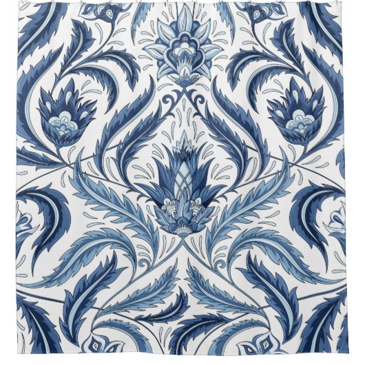 Blauw & Wit Bloemen Damast Bloemen Douche Gordijn (Voorkant)