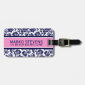 Blauw & Wit Bloemen Damast Roze Accenten 3 Bagagelabel (Voorkant horizontaal)