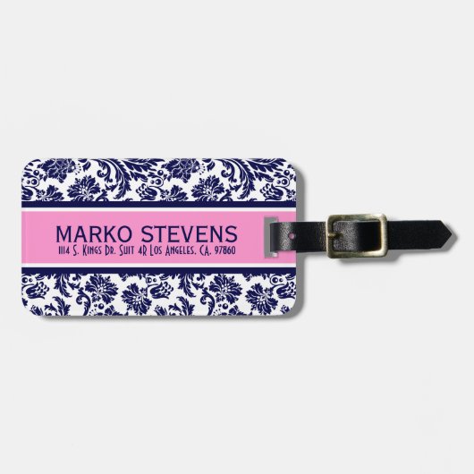 Blauw & Wit Bloemen Damast Roze Accenten 3 Bagagelabel (Voorkant horizontaal)