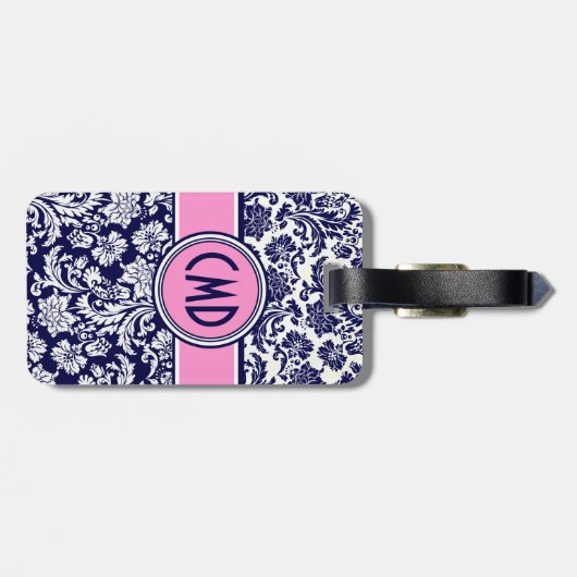 Blauw & Wit Bloemen Damast Roze Accenten 3 Bagagelabel (Achterkant horizontaal)