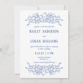  Blauw & Wit Bloemen Elegant Bruiloft Kaart (Voorkant)