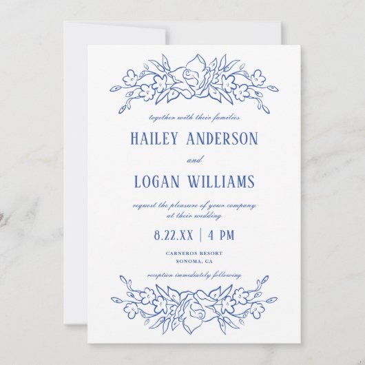Blauw & Wit Bloemen Elegant Bruiloft Kaart (Voorkant)
