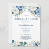 Blauw Wit Bloemen Elegante Bruidsdouche Uitnodigin Kaart (Voorkant)