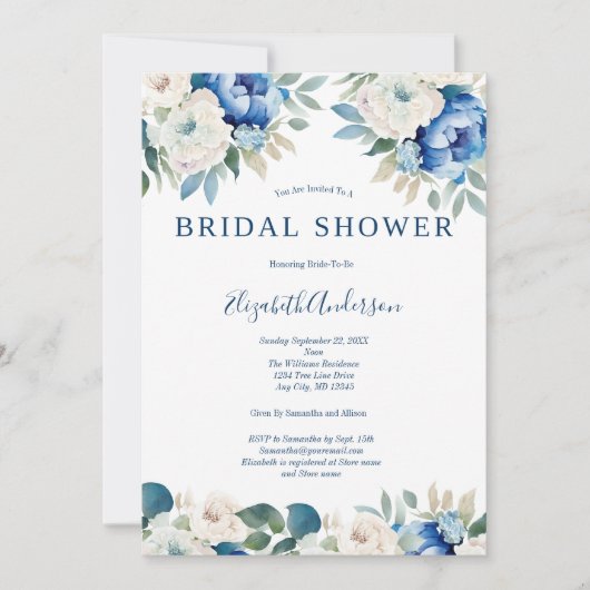 Blauw Wit Bloemen Elegante Bruidsdouche Uitnodigin Kaart (Voorkant)