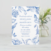 Blauw wit bloemen elegante bruiloft kaart (Staand voorkant)