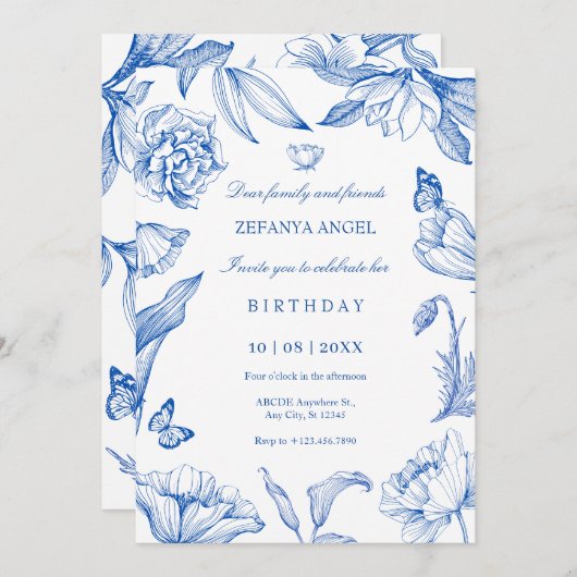 Blauw wit bloemen elegante verjaardag kaart (Voorkant / Achterkant)