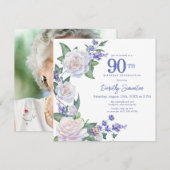 Blauw Wit Bloemen Foto 90ste Verjaardagsplein Kaart (Voorkant / Achterkant)