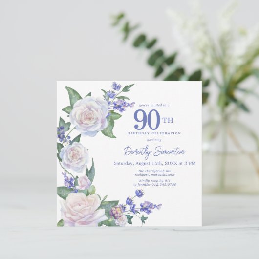 Blauw Wit Bloemen Foto 90ste Verjaardagsplein Kaart (Staand voorkant)