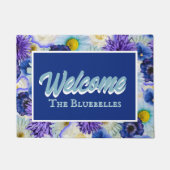 Blauw & Wit Bloemen Gepersonaliseerde Ingang Manie Deurmat (Voorkant)