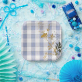 Blauw Wit Bloemen Gingham Plaid Landhuis Papieren Bordje (Feest)