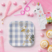 Blauw Wit Bloemen Gingham Plaid Landhuis Papieren Bordje (Feest)