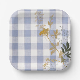 Blauw Wit Bloemen Gingham Plaid Landhuis Papieren Bordje
