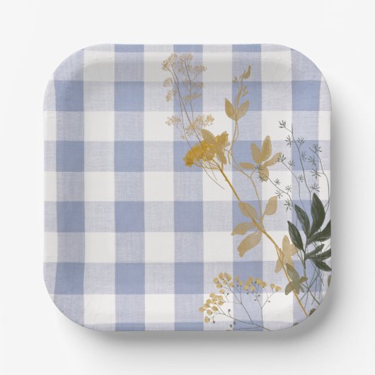 Blauw Wit Bloemen Gingham Plaid Landhuis Papieren Bordje (Voorkant)