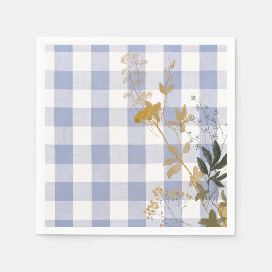 Blauw Wit Bloemen Gingham Plaid Landhuis Servet (Voorkant)