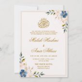Blauw & Wit Bloemen Goud Ontwerp Islamitische brui Kaart (Voorkant)