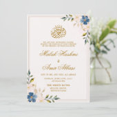 Blauw & Wit Bloemen Goud Ontwerp Islamitische brui Kaart (Staand voorkant)