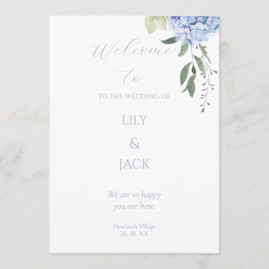 Blauw & Wit Bloemen Hydrangea Trouwprogramma Programmakaart (Voorkant)