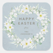 Blauw + Wit Bloemen krans Paasbericht Vierkante Sticker (Voorkant)