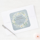 Blauw + Wit Bloemen krans Paasbericht Vierkante Sticker (Envelop)