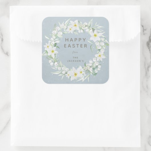 Blauw + Wit Bloemen krans Paasbericht Vierkante Sticker (Tas)