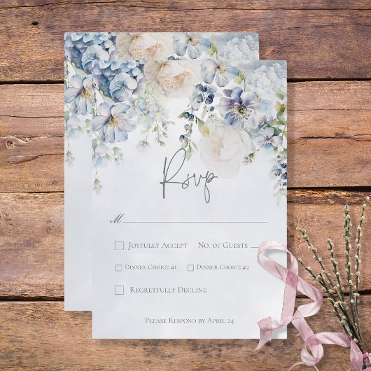 Blauw & Wit Bloemen Modern RSVP Kaartje