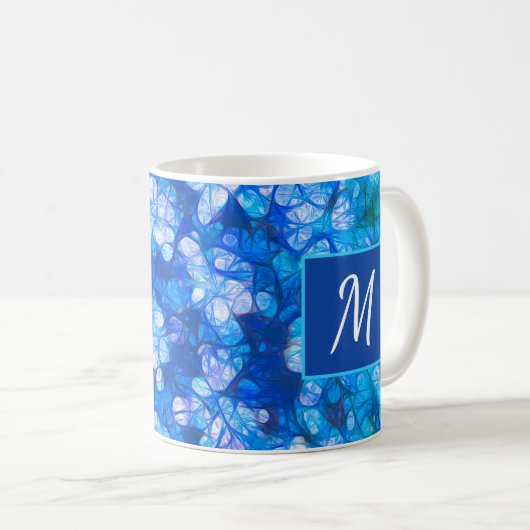 Blauw Wit Bloemen Moderne Bloemen Monogram Custom Koffiemok (Voorkant rechts)