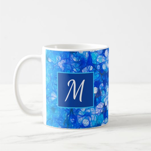 Blauw Wit Bloemen Moderne Bloemen Monogram Custom Koffiemok (Links)