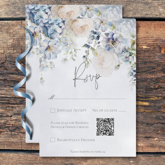 Blauw & Wit Bloemen Moderne Huwelijk QR Code RSVP Kaartje