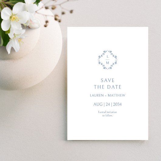 Blauw & Wit Bloemen Monogrammed Wedding Flat Save The Date