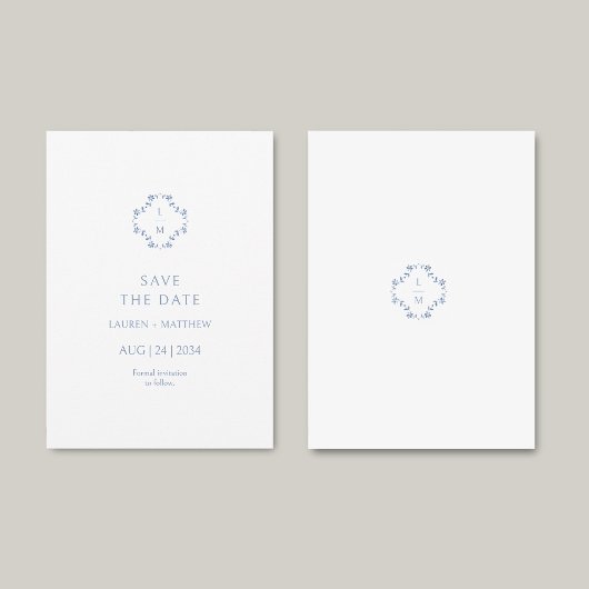 Blauw & Wit Bloemen Monogrammed Wedding Flat Save The Date