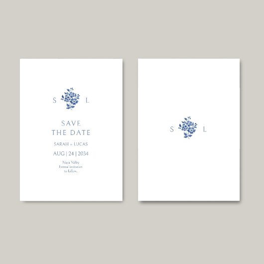 Blauw & Wit Bloemen Monogrammed Wedding Flat Save The Date